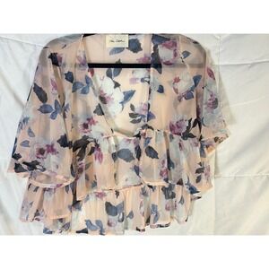 The Cove Floral Sheer Kimono Cardigan Ruffle Peplum Pink Blue‎ Womens